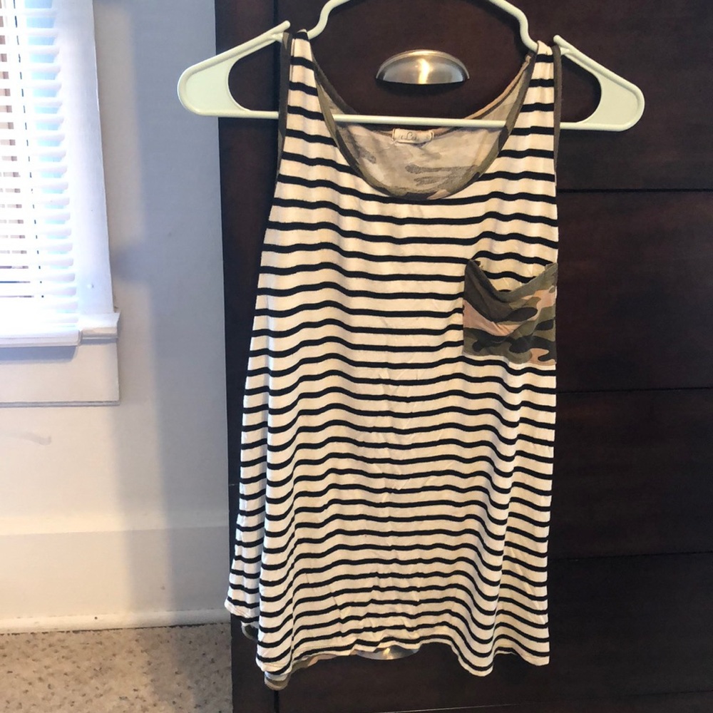 Black and white stripe, camo pocket tank
